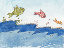 watercolor painting fish jumping ocean blue green red orange