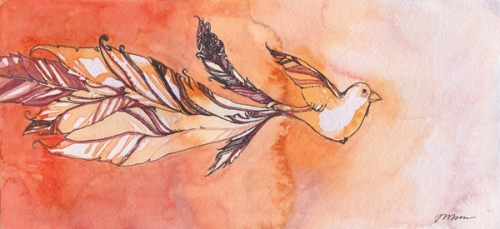 tail feathers watercolor painting drawing bird finch orange purple
